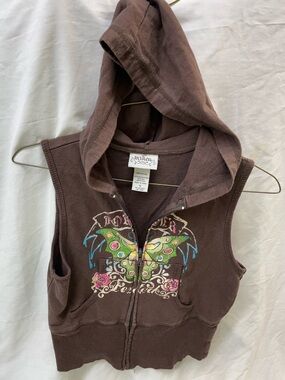 Miken Brown Sleeveless Hoodie with Multicolor Butterfly sz S
